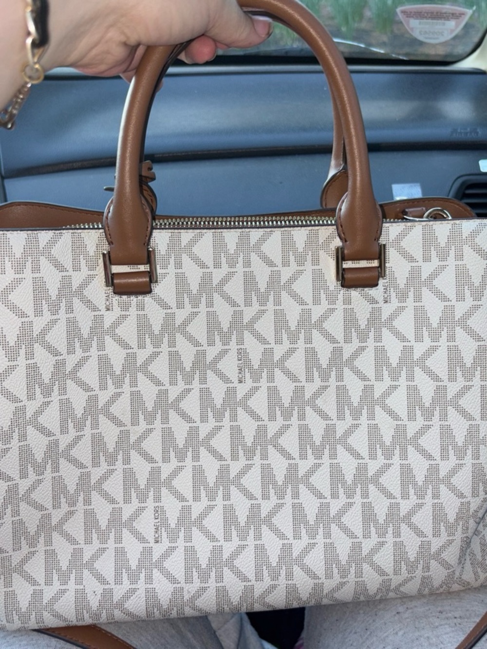 Michael Kors Cream Logo Satchel with Tan Trim